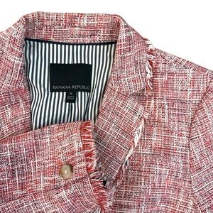 Banana Republic Red/Pink Tweed Fringe Lady Jacket Blazer Stripe Lining Pockets 6